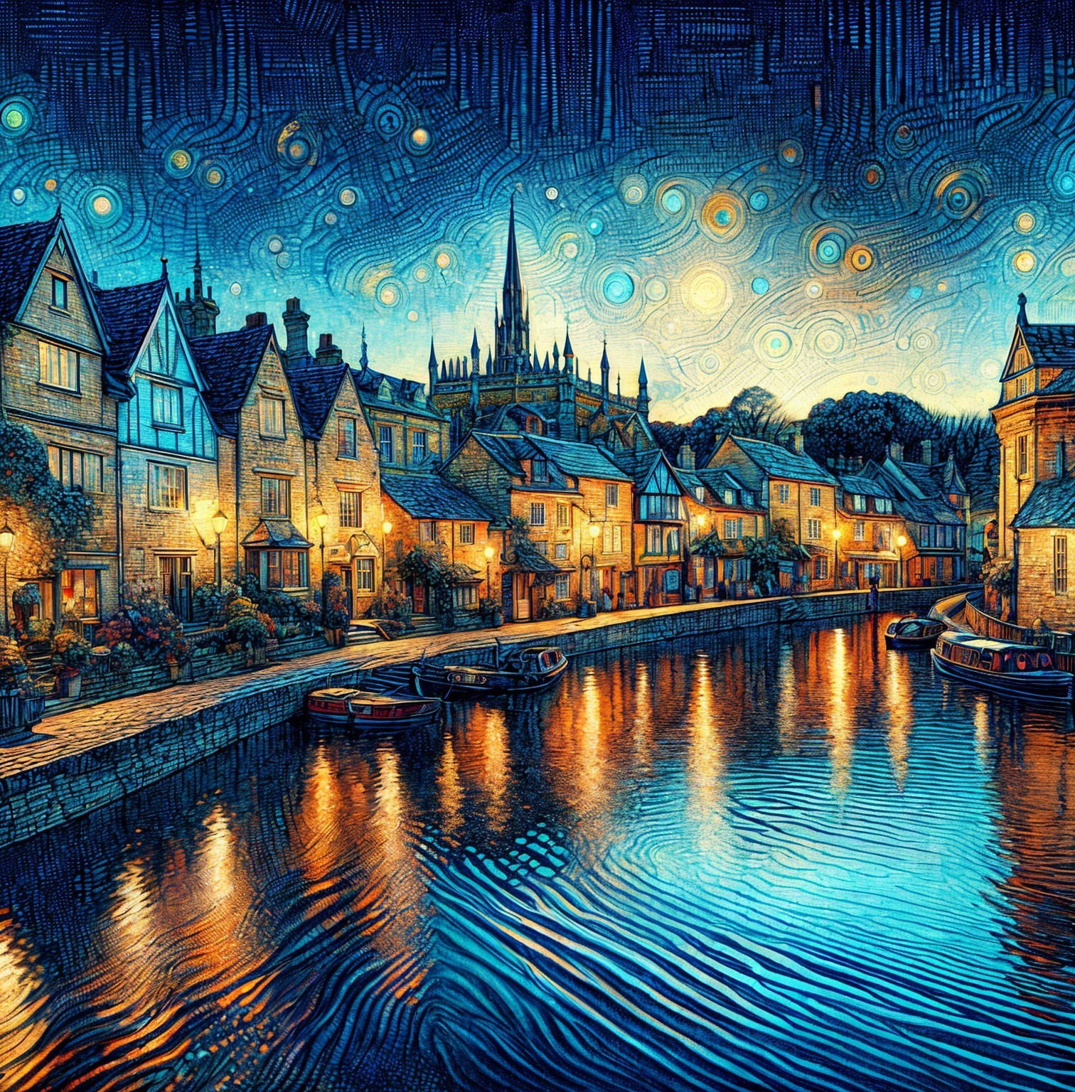 Serene Riverside Scene with Starry Sky and Gothic Spire