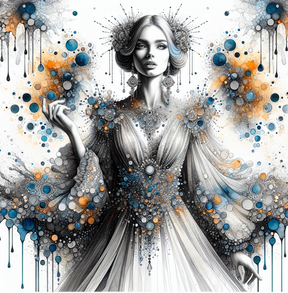 Elegant figure in flowing gown with abstract background