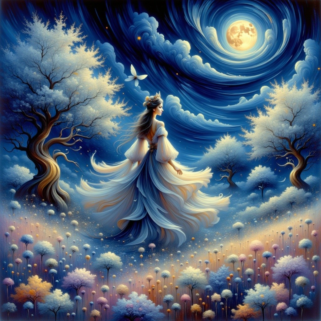 Serene Woman in Dreamlike Landscape with Luminous Moon