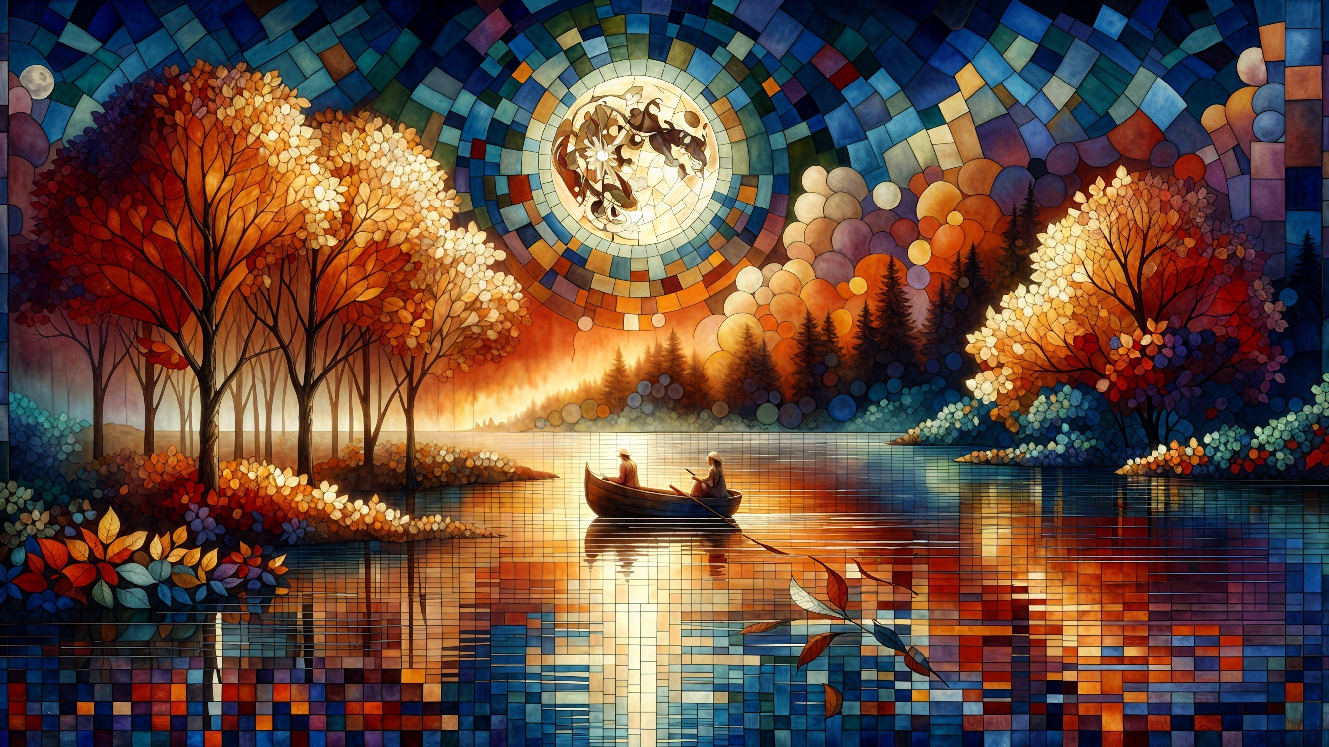 Vibrant Sunset Landscape with Serene Lake and Figures