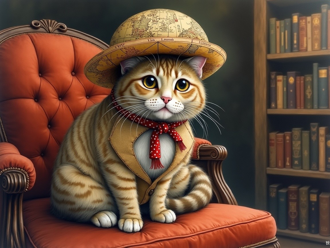 Orange Tabby Cat in Vintage Hat on Ornate Armchair
