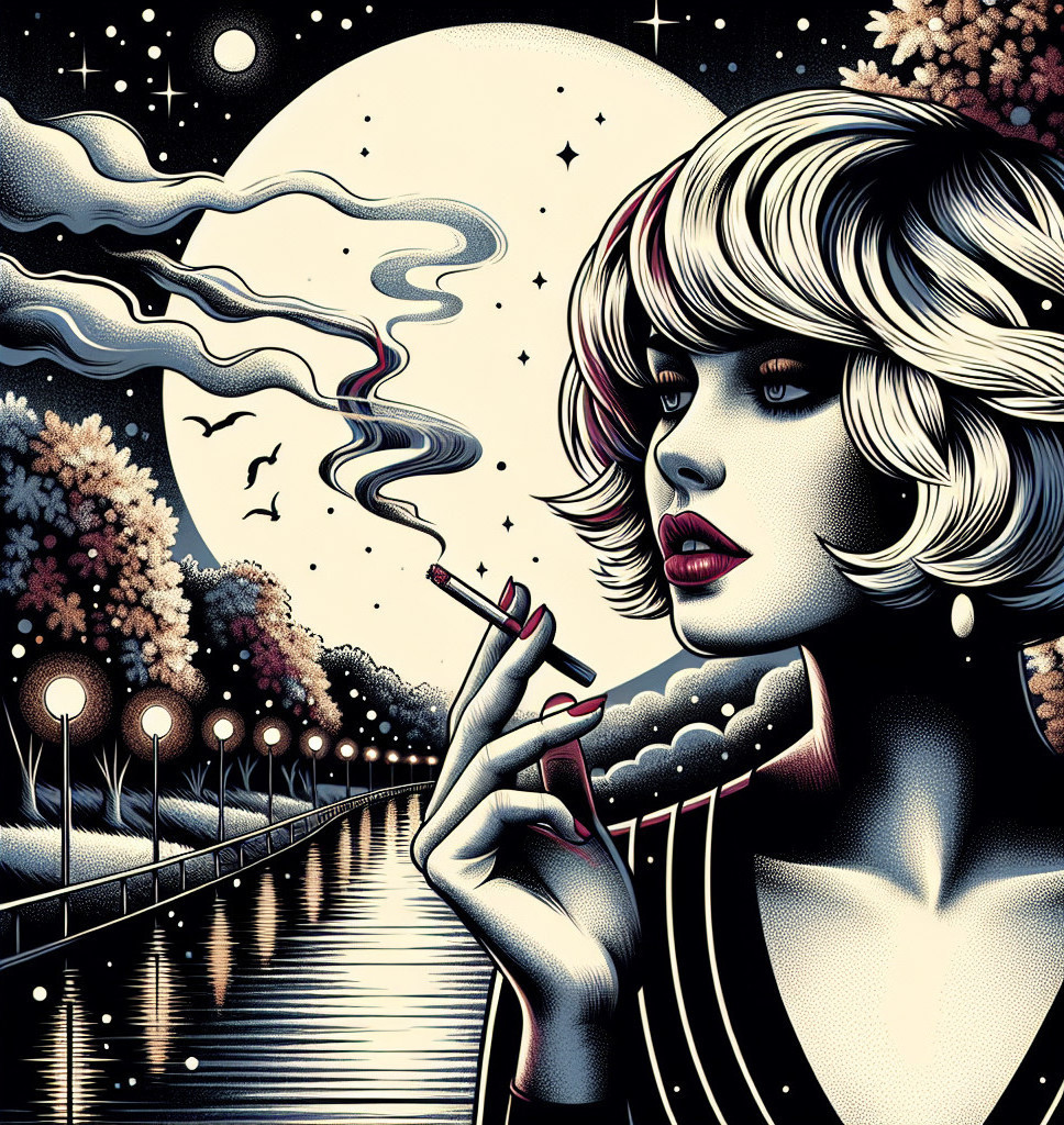 Retro Woman by Moonlit River with Dreamy Atmosphere