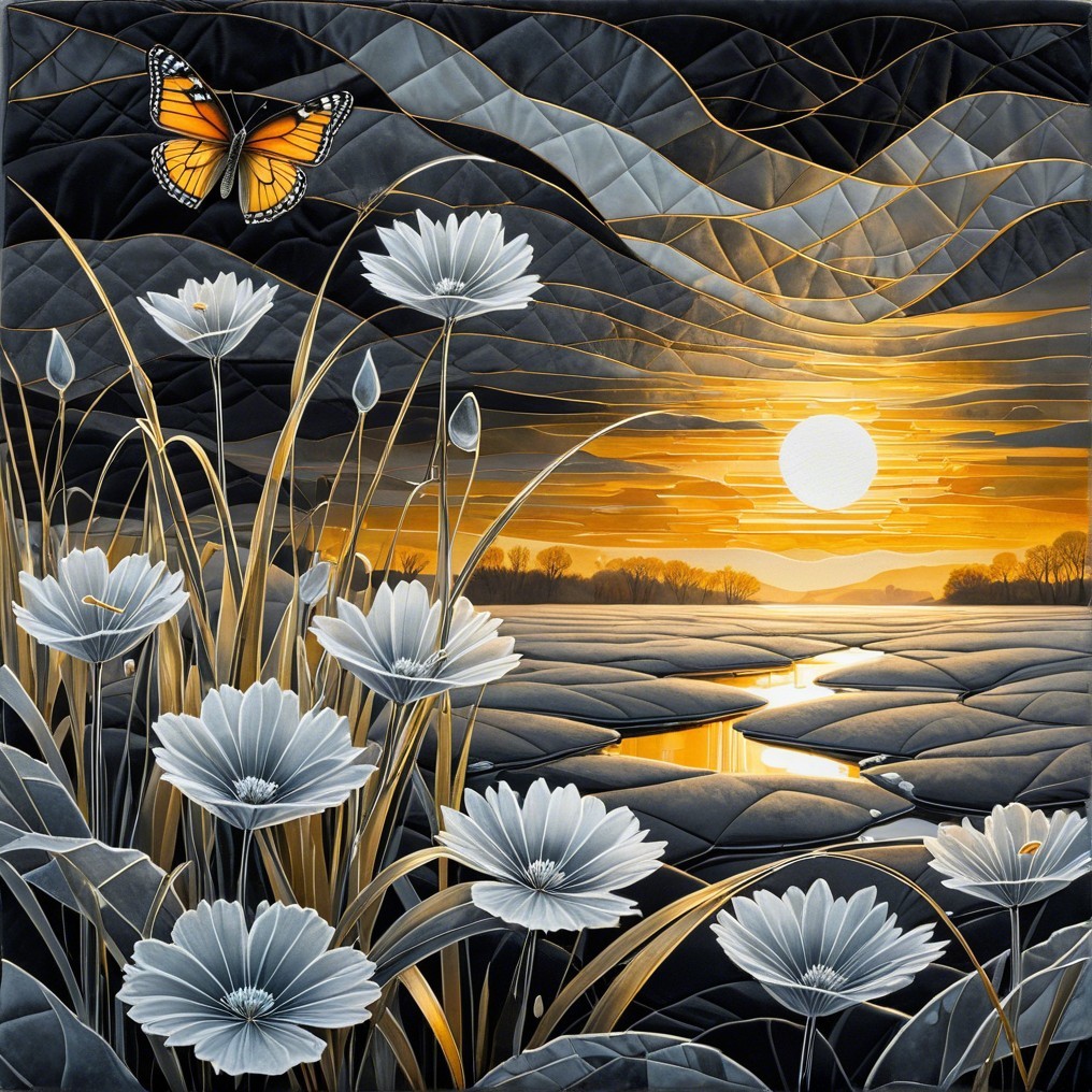 Serene Landscape with White Flowers and Sunset Reflection