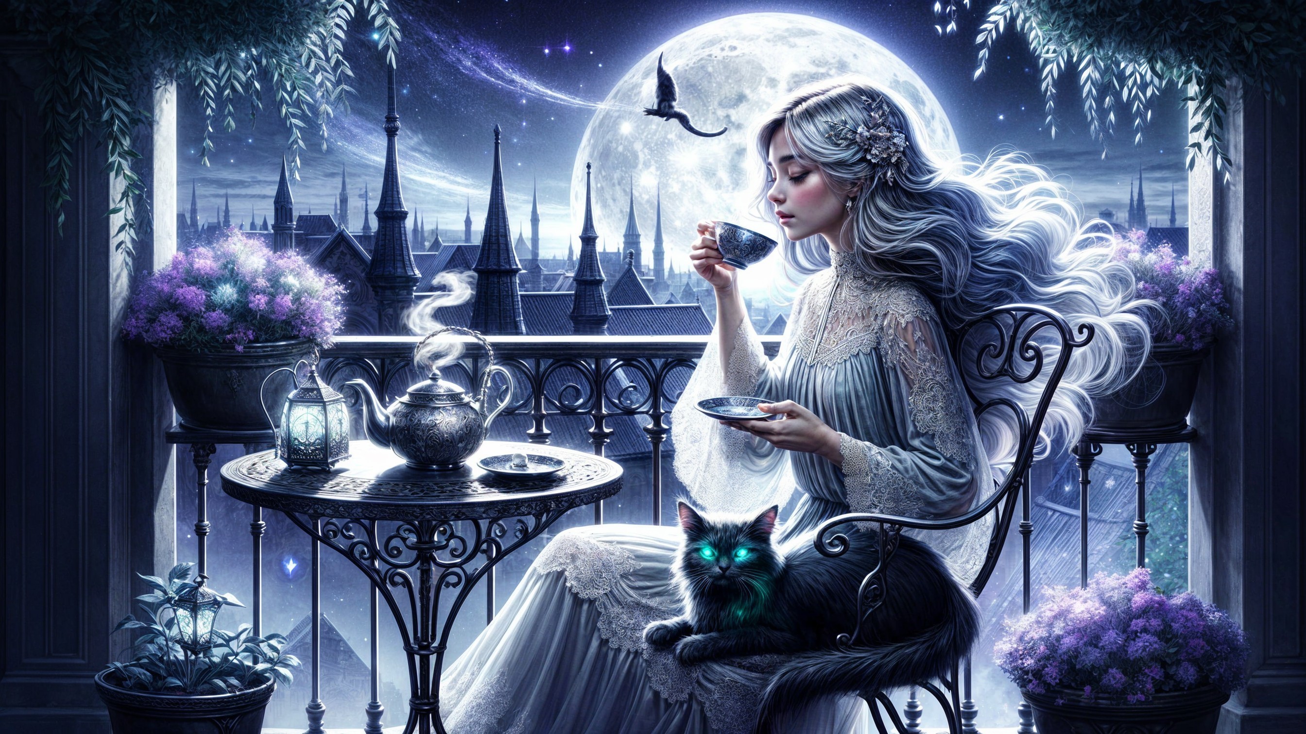 Moonlit Balcony with Gothic Architecture and Tea Scene