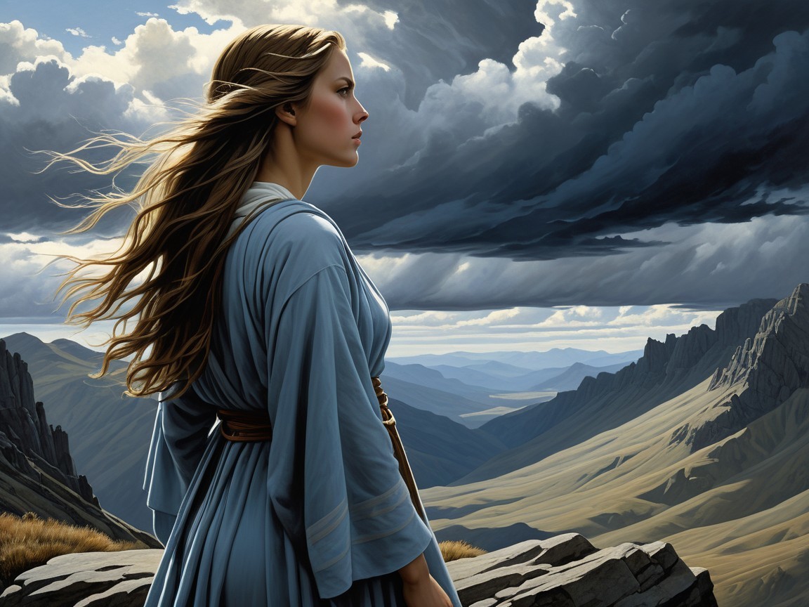 Woman on Rocky Ledge Overlooking Dramatic Landscape