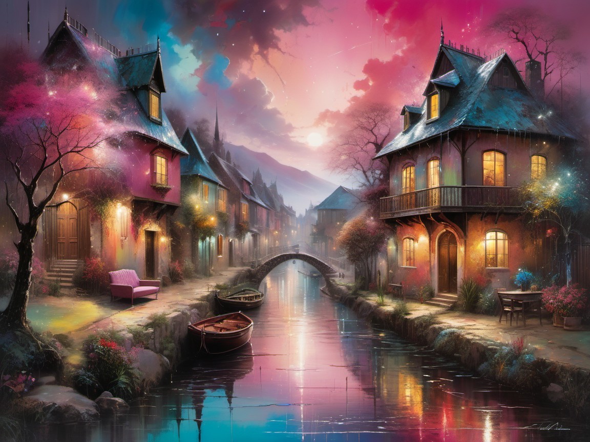Twilight Village Scene with Canal and Charming Homes