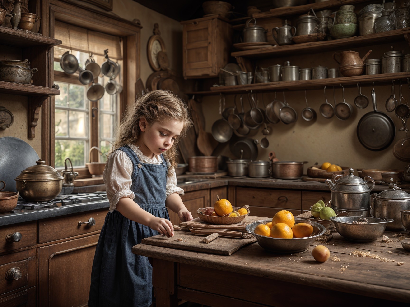 Rustic kitchen scene with a girl slicing an orange