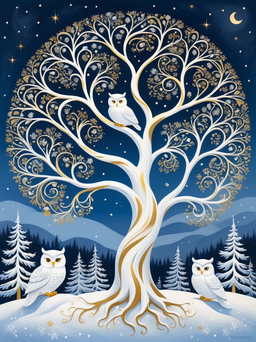 Snow Owl Family in Winter Wonderland Scene