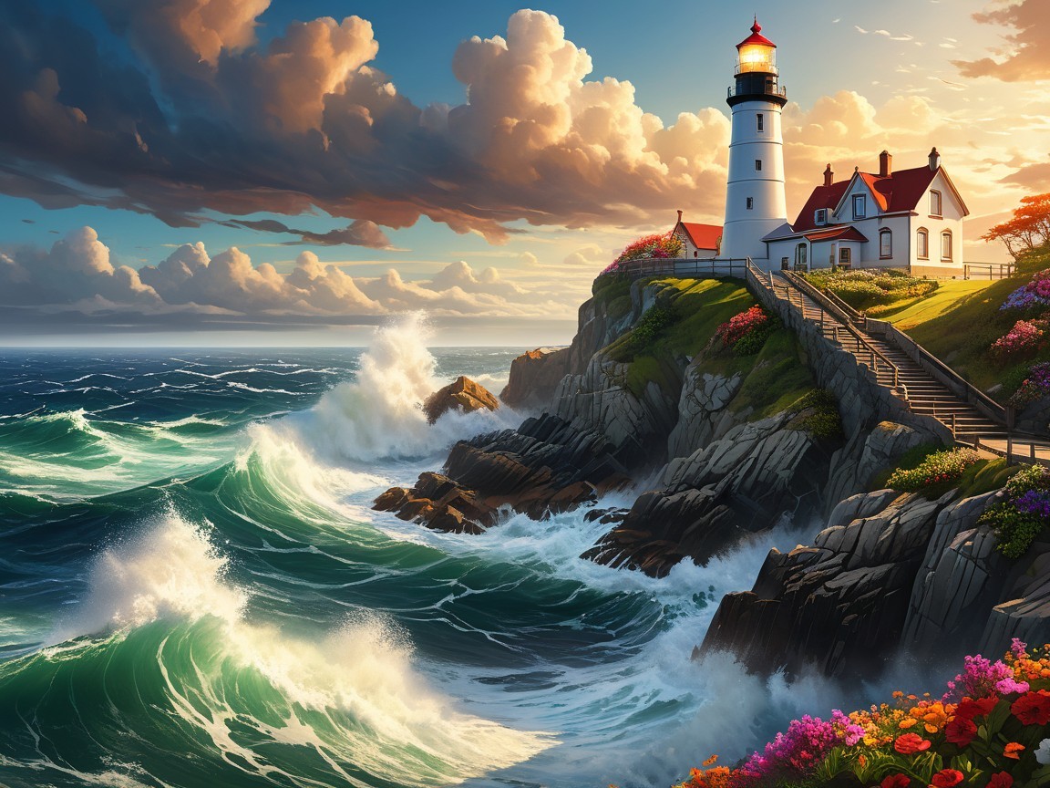 Lighthouse on Cliff with Sunset and Vibrant Flowers