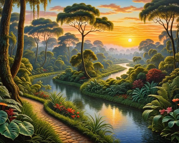 Serene Landscape with Winding River and Lush Greenery