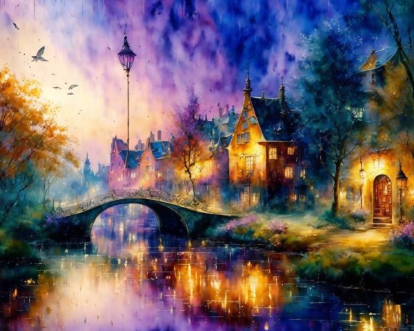 Twilight Canal Scene with Illuminated Buildings and Trees