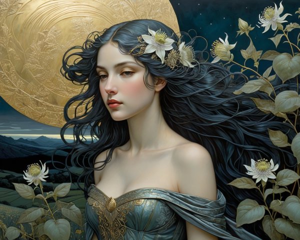 Serene Young Woman in Ethereal Landscape with Moon