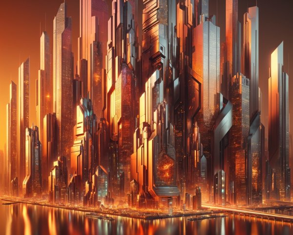 Futuristic cityscape at dusk with vibrant reflections