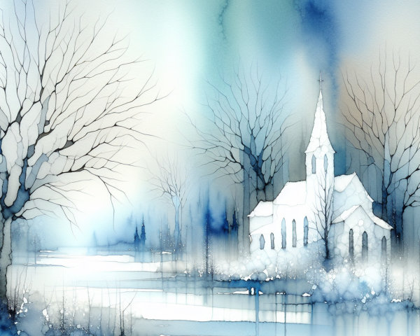 Serene Winter Landscape with Church and Snowy Trees