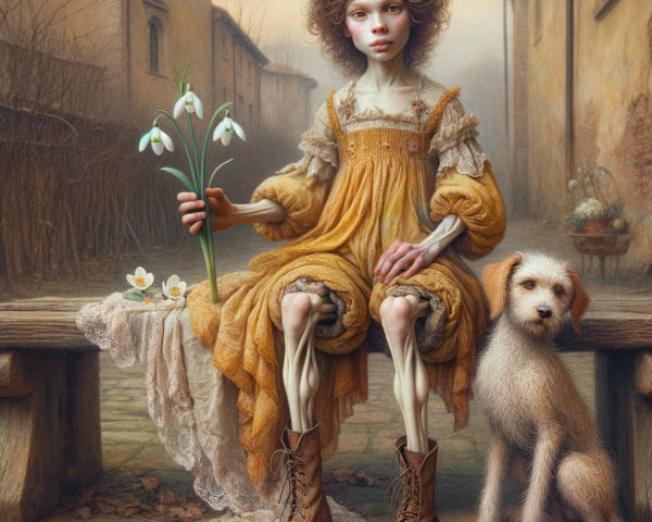 Whimsical Scene of Girl with Snowdrops and Dog