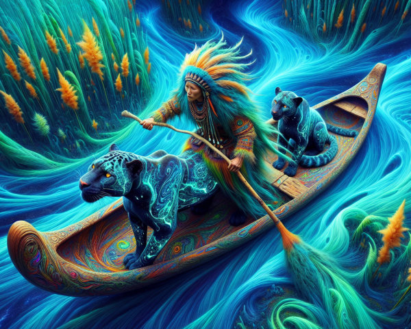Serene River Scene with Indigenous Figure and Big Cats