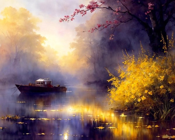 Serene River Landscape with Misty Trees and Flowers