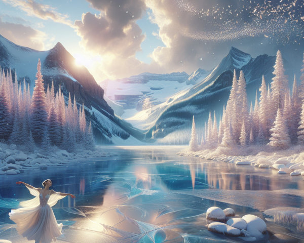 Winter Landscape with Dancer by Icy Lake and Mountains