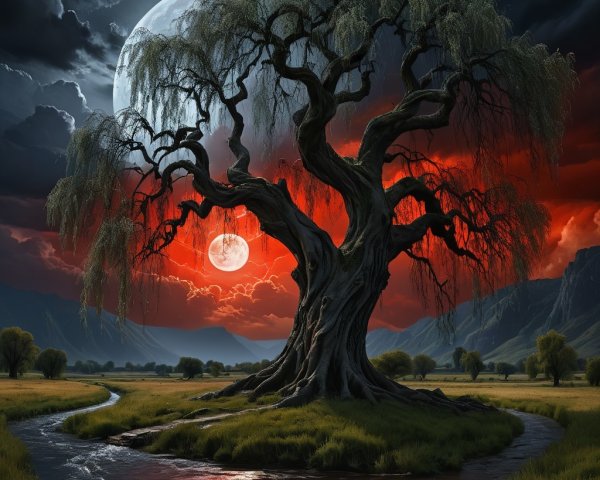 Majestic Tree Against Dramatic Sunset and Moonlit Sky
