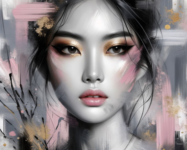 Portrait of a Woman with Bold Makeup and Abstract Background