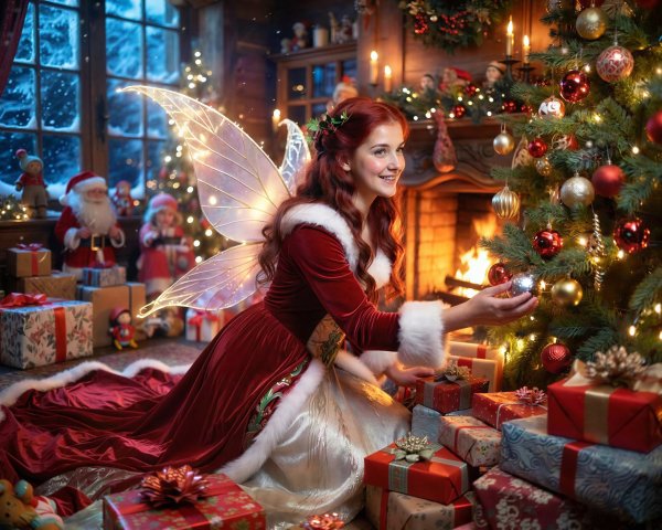 Christmas Fairy by Decorated Tree in Cozy Room