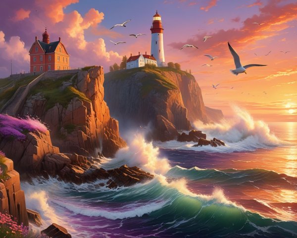 Coastal Landscape with Lighthouse and Sunset Colors