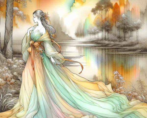 Ethereal Woman in Pastel Gown by Tranquil Lake