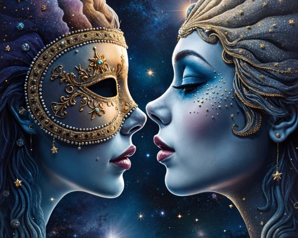 Ethereal Faces Against a Cosmic Starry Background