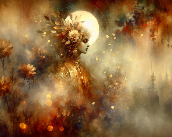 Serene Figure Surrounded by Flowers and Dreamy Colors