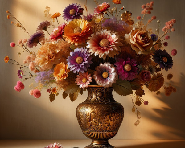 Vibrant Flower Bouquet in Ornate Golden Vase