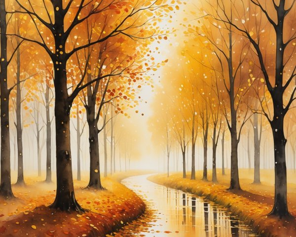 Autumn Landscape with Golden Leaves and Calm River