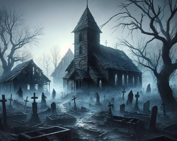 Old Church in Misty Graveyard with Ghostly Figures