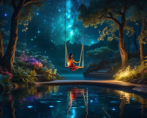 Serene Night Scene with Woman on Swing in Nature