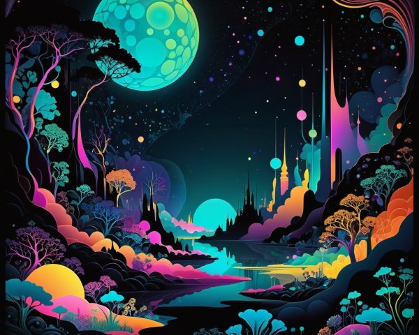Surreal Landscape with Vivid Colors and Luminous Moon