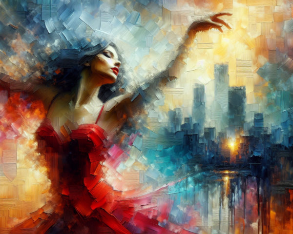Dynamic Ballet Dancer in Red Dress with Abstract Backdrop