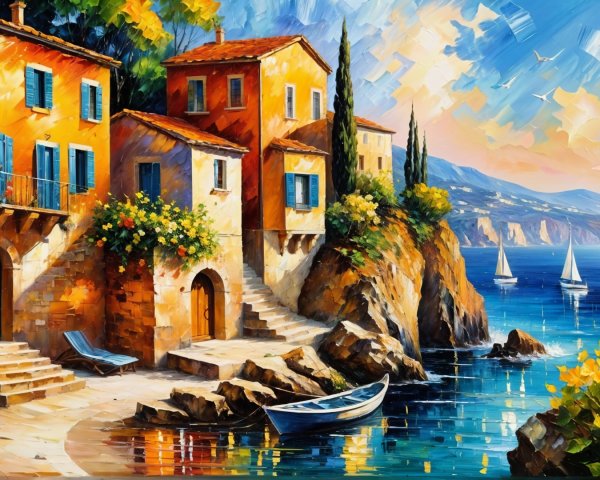 Vibrant Coastal Scene with Mediterranean Houses and Boats