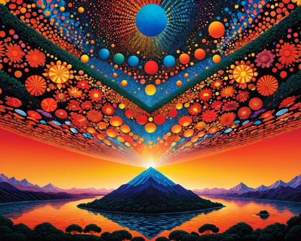 Surreal Landscape with Mountain and Colorful Sky