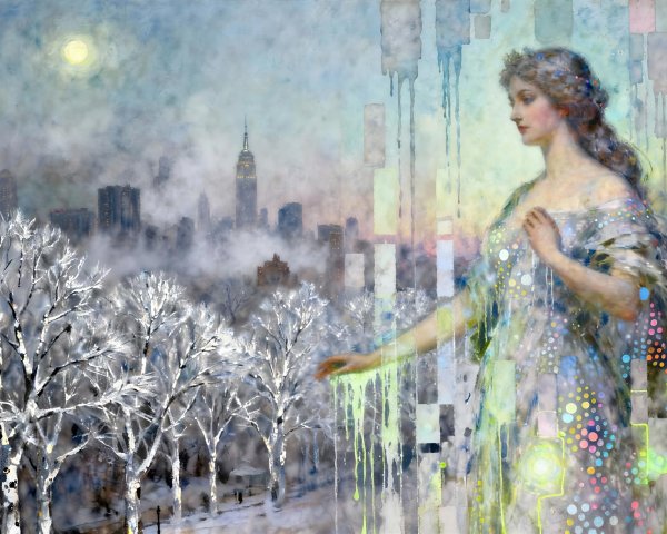 Elegant Woman in Flowing Gown Against Snowy Landscape