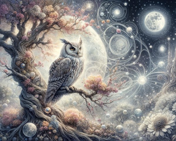 Mystical Tree and Owl Under a Starry Night Sky