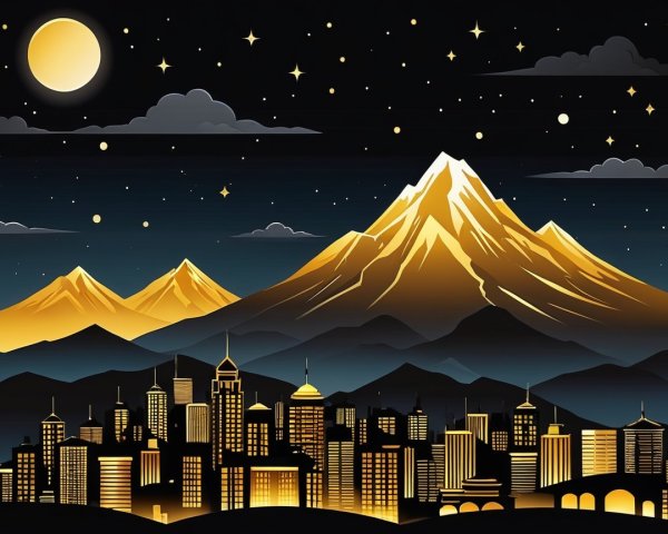City Skyline at Night with Mountains and Moonlight