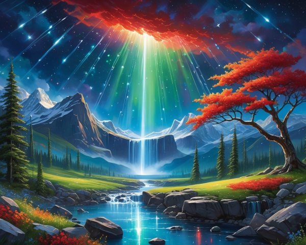 Vibrant Landscape with Waterfall and Dramatic Sky