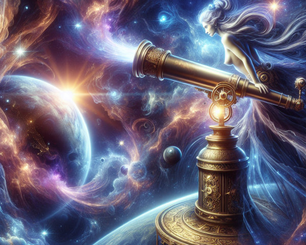 Celestial Figure Observing Galaxies Through Telescope