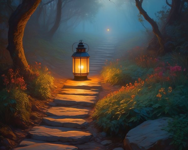 Serene Pathway in a Misty Forest with Lantern Light