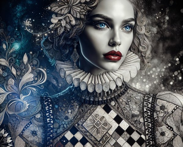 Female figure in intricate patterned attire against dark background