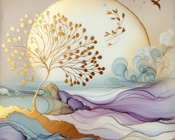 Ethereal landscape with golden tree and serene backdrop