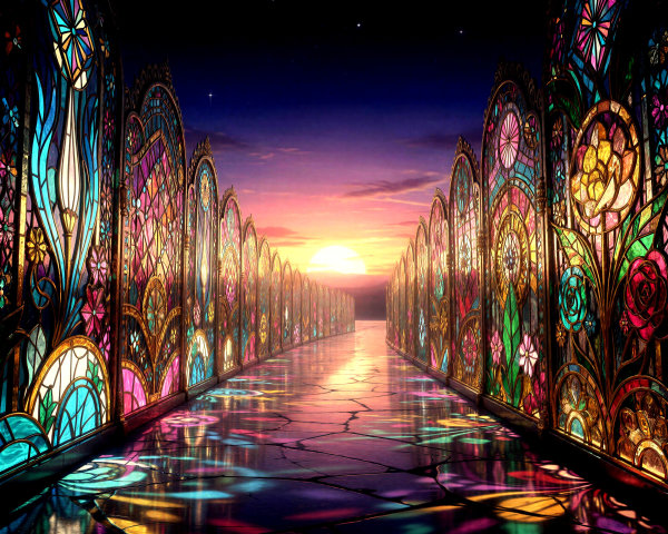 Colorful Stained Glass Hallway with Sunset Illumination