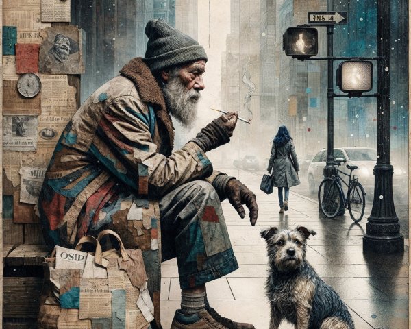 Weathered Man with Dog on City Sidewalk Scene