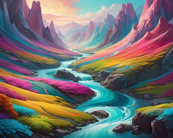 Surreal Landscape with Colorful Mountains and River