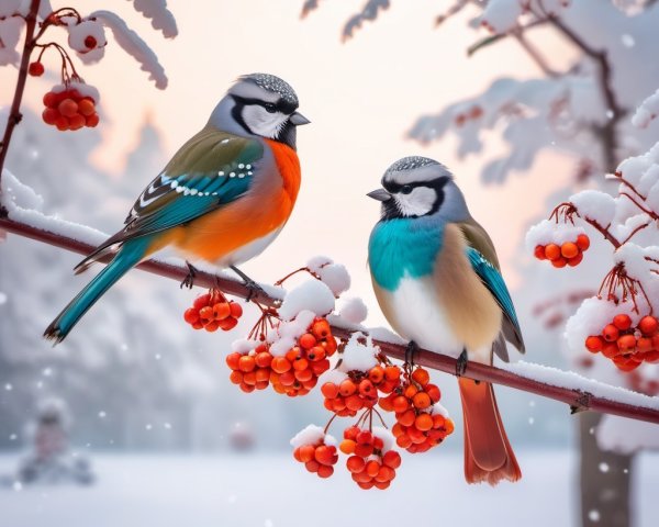 Colorful Birds on Snow-Covered Branch with Berries