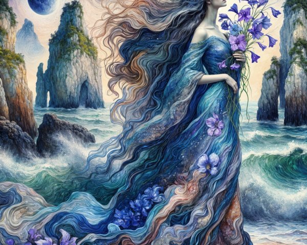 Mystical figure in vibrant dress by moonlit shore
